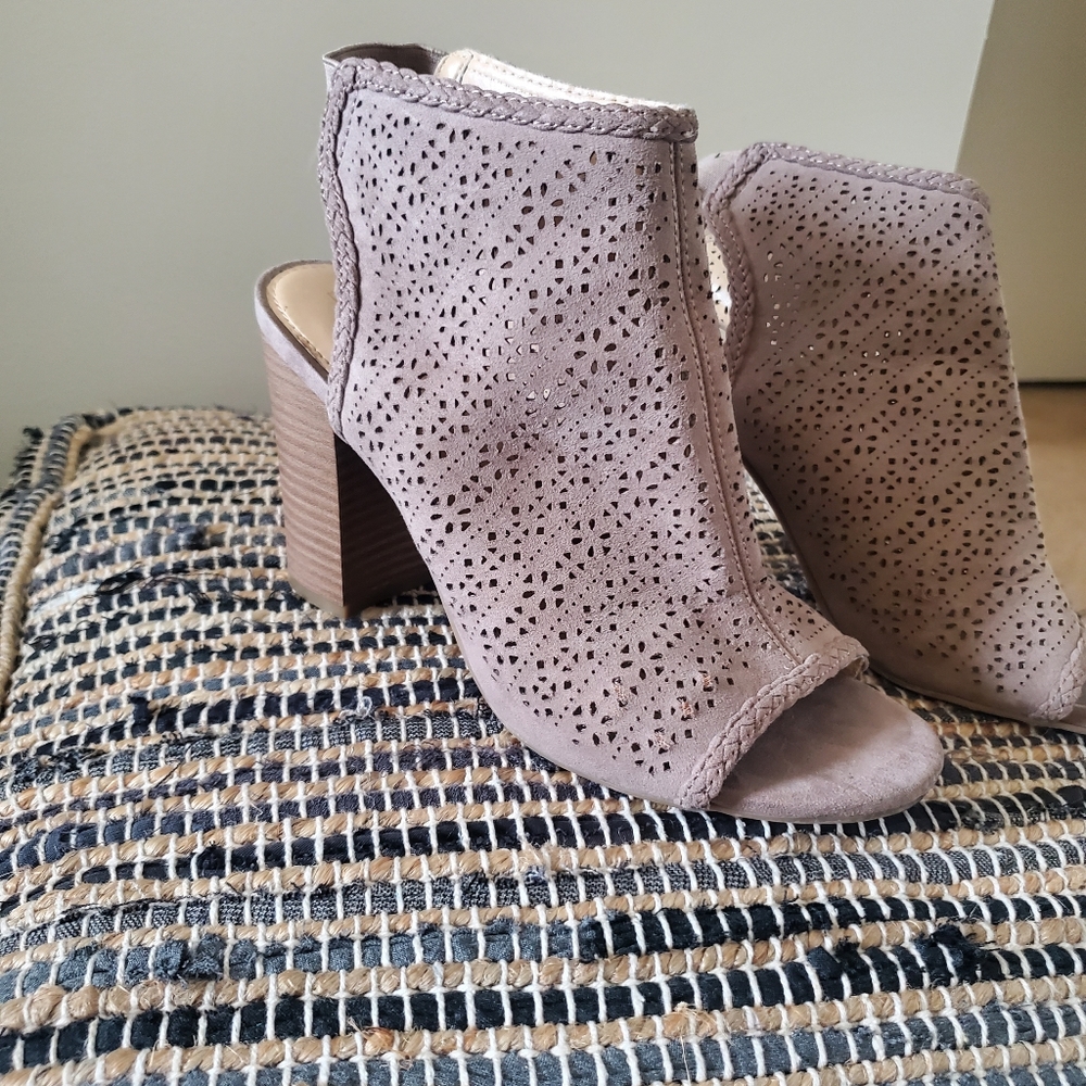 Tan suede open toe/heel bootie